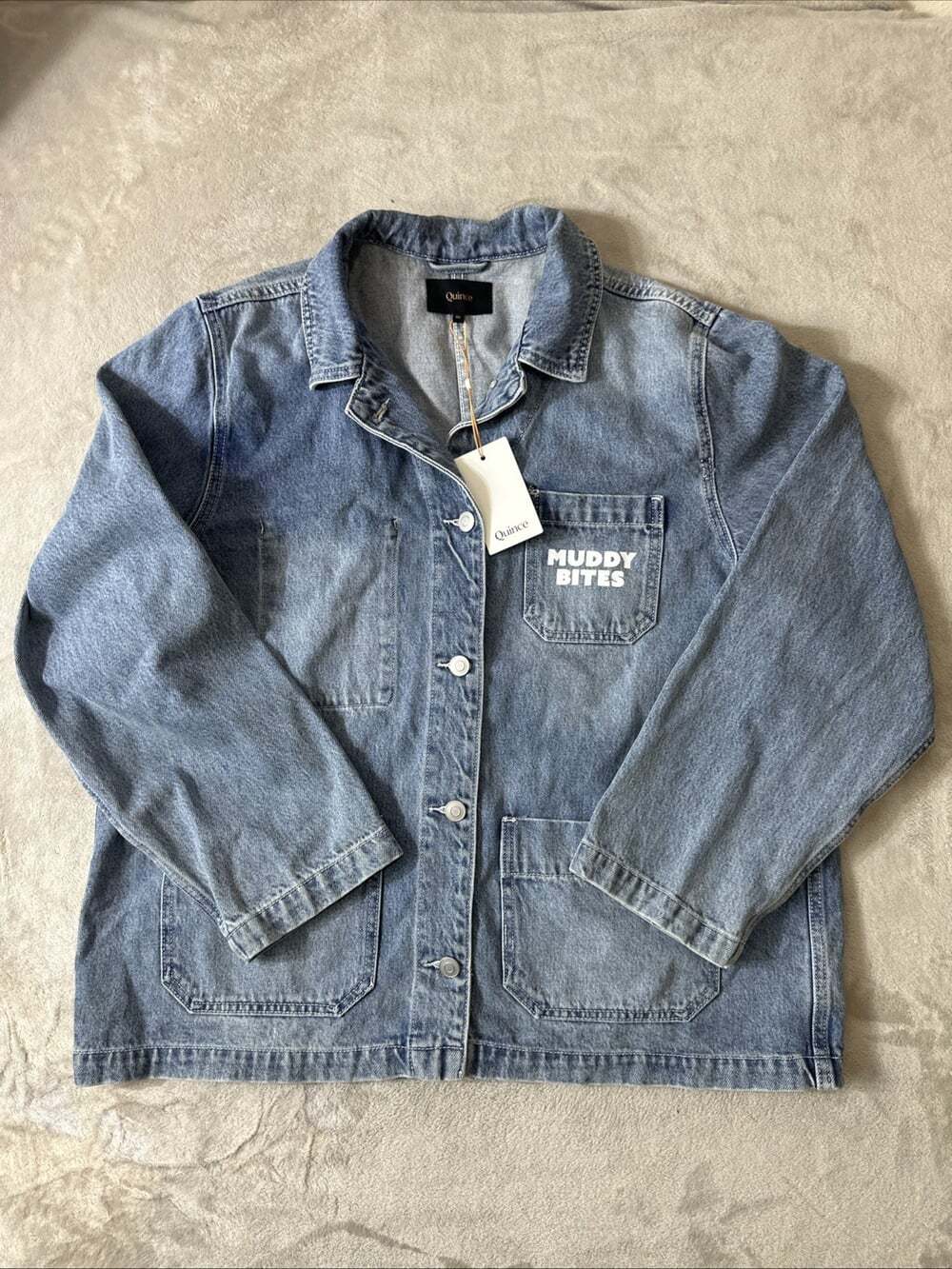 NWT Quince Womens XL Denim Chore Jacket Blue Muddy Bites Workwear